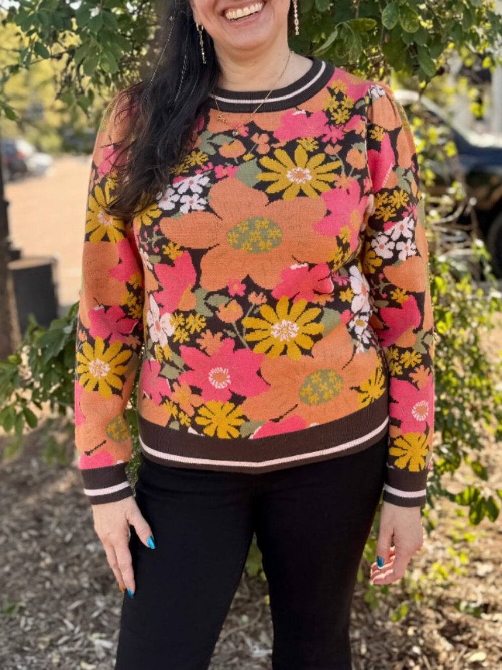 Floral Jacquard Knit Puff Sleeve Sweater